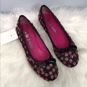 NWT Le Babe Ballet Fats in Black with Pink Glitter Polka Dots. NEW.